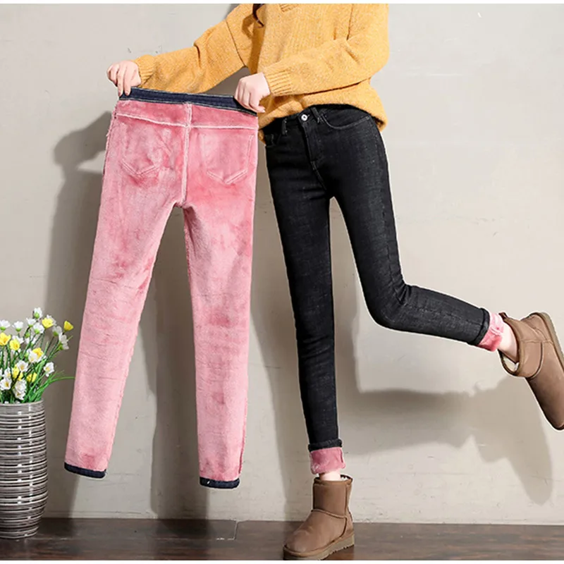 Зимние стрейчевое большого размера вельветовые джинсовые брюки женские с высокой талией обтягивающие женские джинсы карандаш Thicke теплые брюки до щиколотки