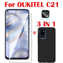 3-em-1 caso macio + câmera de vidro temperado para oukitel c21 6.4 screenprotector de vidro para oukitel c21 2.5d vidro