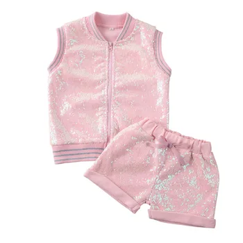 

1-6Y Kid Baby Girl Clothes Sets Sleeveless Sequins Solid Zipper Tops Coat+Shorts Pants Summer Outfits Princess Kids 2Pcs Sets