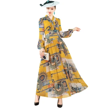 

2020 Office Lady Autumn Dress Women V Neck Long Dress Print Cascading Ruffle Long Sleeve Casual Dress DZ1249