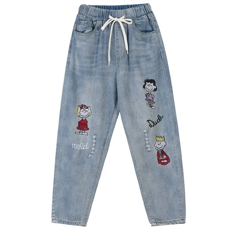 

Women's Drawstring Jeans Ankle-Length Vintage Hole Pants High Waist Denim Elasticity Stretch Women Embroidery Student Sweet Pant
