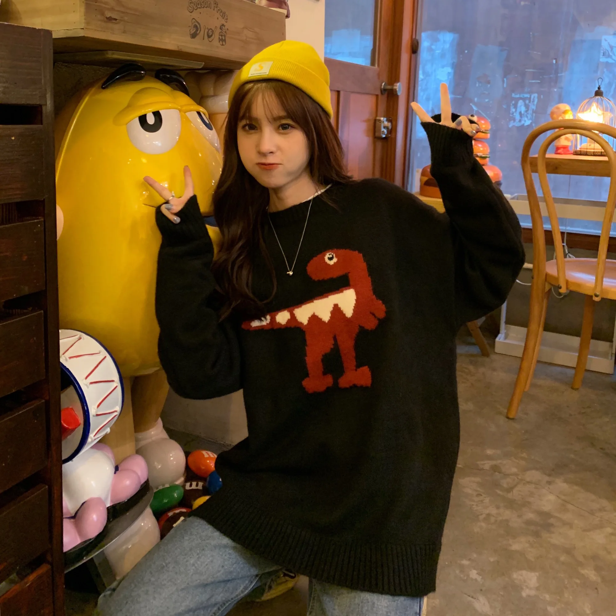 Забавный женский свитер с динозавром Harajuku, винтажный Зимний пуловер с круглым вырезом и длинным рукавом, свободная вязаная одежда оверсайз, теплая Милая V878