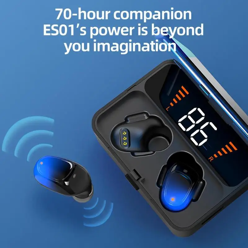 New ES01 TWS Bluetooth Earphones 5.0 9D Stereo Wireless Earbuds ir ear Gaming Headset IPX7 Waterproof mAh LED Smart Power