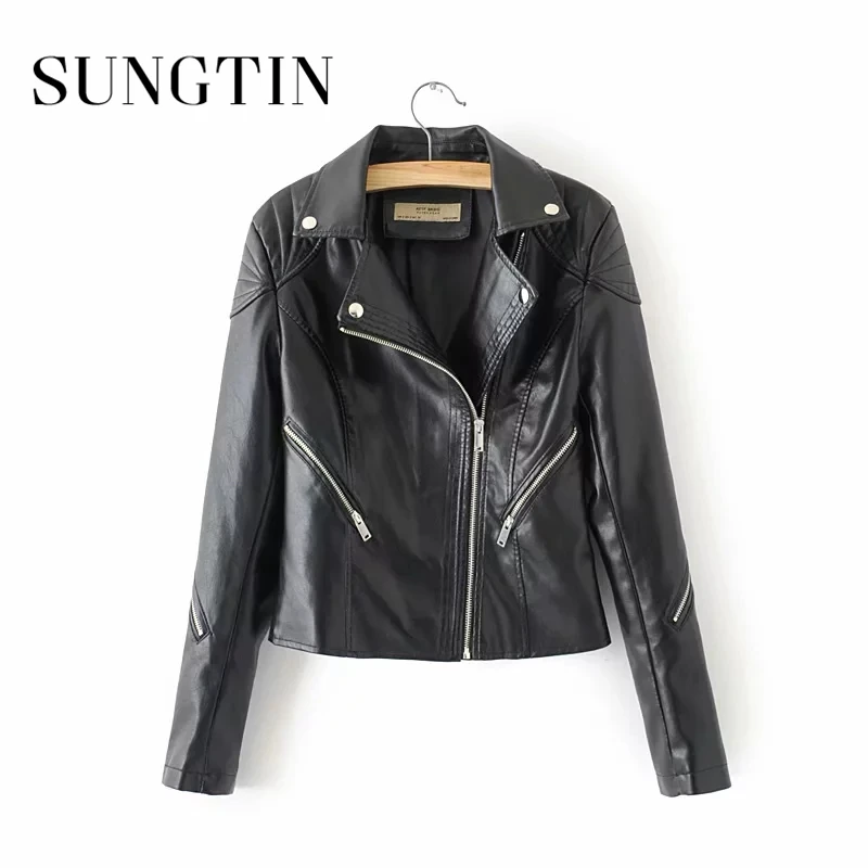 Black Sungtin Women Autumn Classic Black Pu Leather Jacket Winter New Short Soft Faux Leather Jacket Street Casual Biker Jacket Coat - Color: Black