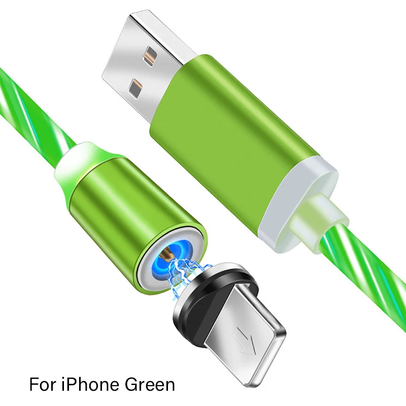 Магнитный зарядный кабель светодиодный светящийся струящийся usb-кабель для зарядки типа C/Micro USB/8 Pin провод для быстрой зарядки освещение для iPhone 8 Android USBC - Цвет: Green For iphone