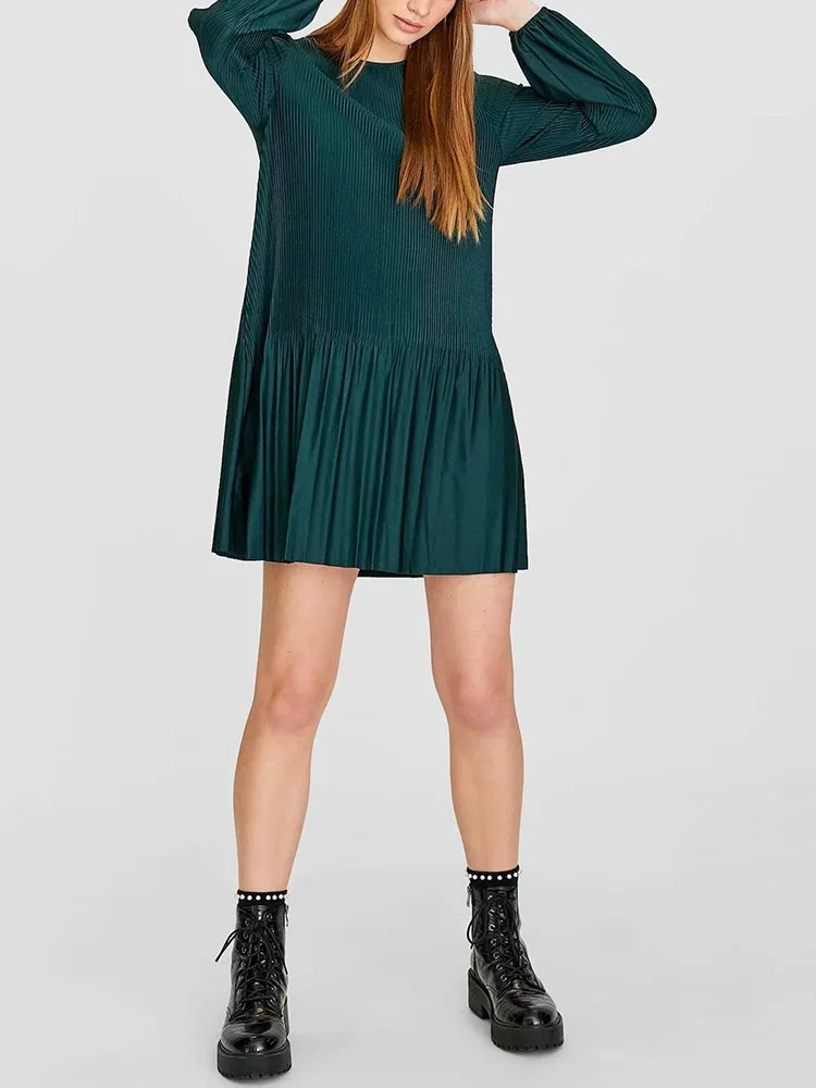 

European Sheet Women's Y Autumn Two-color Long Sleeve Pressing Wrinkle Drape Crew Neck Drape Women's Two-color Dress