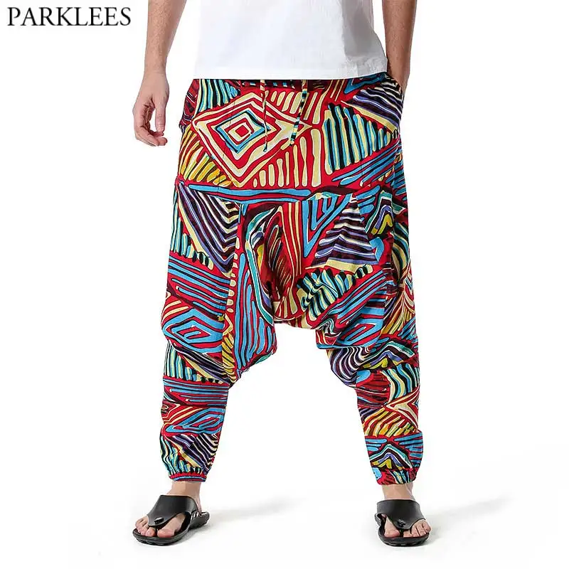 Men's Hippie Baggy Boho Yoga Harem Pants Dizziness African Pattern Print Genie Sweatpants Cotton Casual Hip Hop Ankara Pants