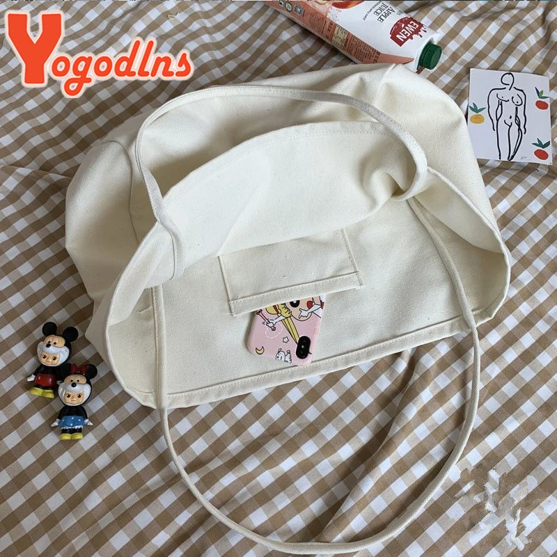 Yogodlns Cusual Canvas Handbag For Women Large Capacity Tote Bag Simple Solid Color Shoulder Bag Shopping Big Reusable Lady Tote