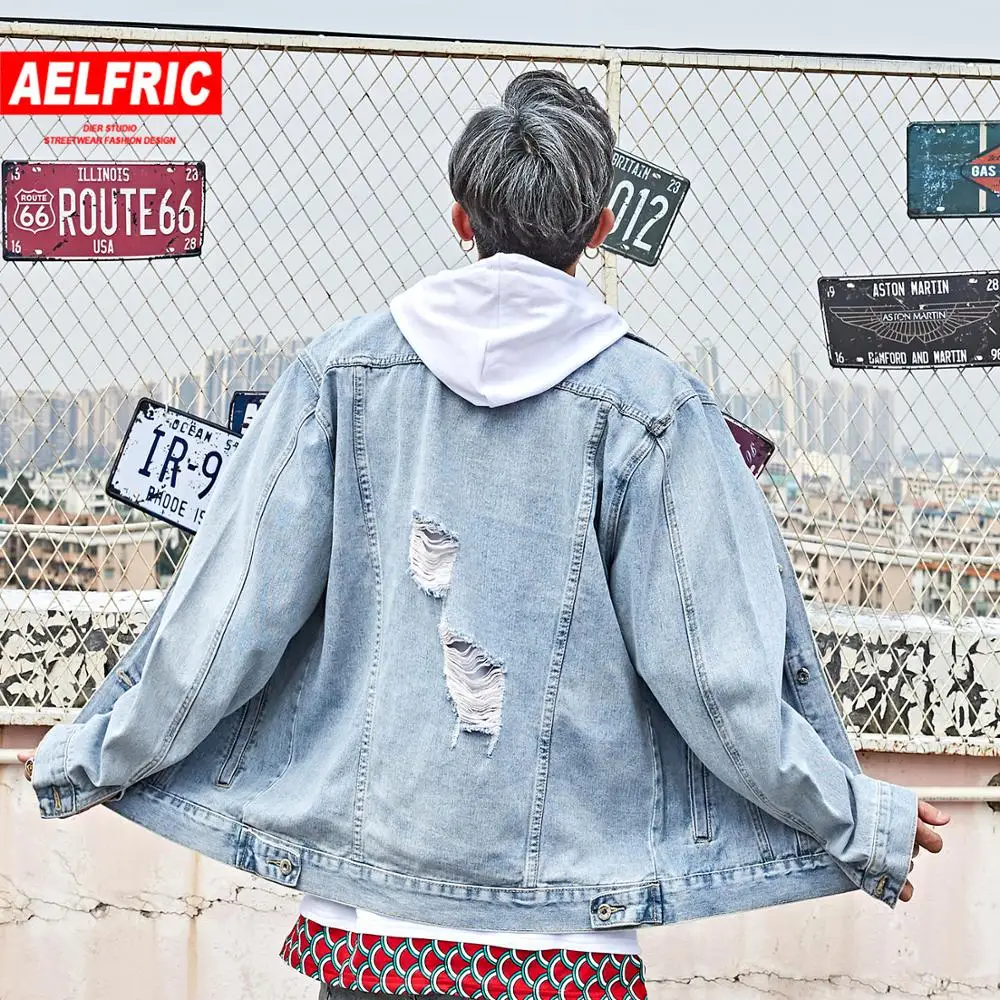 AELFRIC хип хоп отверстие мужские джинсовые куртки Осень Harajuku Винтаж Пальто для пар модная повседневная мужская верхняя одежда уличная одежда с длинным рукавом