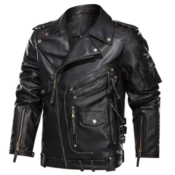 Žieminė vyriška odinė striukė, madinga motociklinė strikė su stilingais užtrauktukų kišenėmis, prabangios prekės ženklo, Europos dydis 1