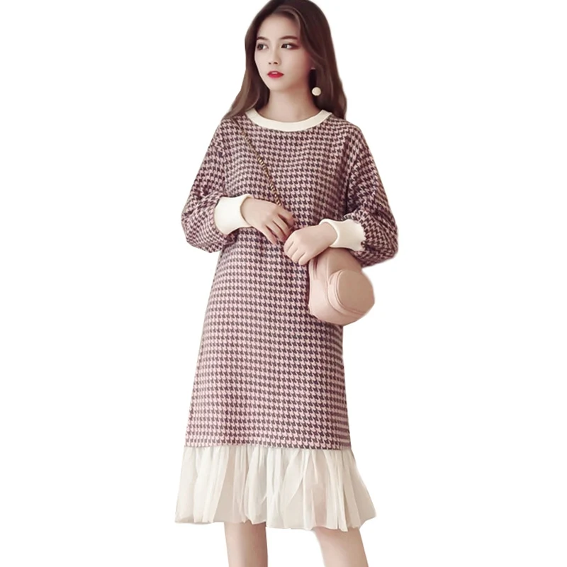 

Autumn Winter Women Dress New Plaid Long-sleeved Plaid Fake Two-piece Woolen Dress Loose Large Size Ladies Mid-Long Dress K1029