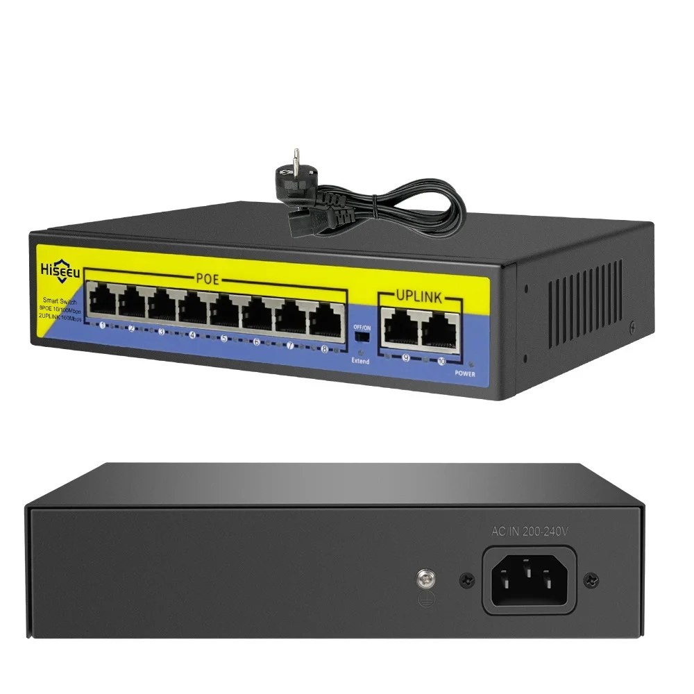 48V POE Switch 8 Ports 2 Uplink 10/100Mbps IEEE 802.3 af/at for IP Camera/CCTV Security Camera System/Wireless AP