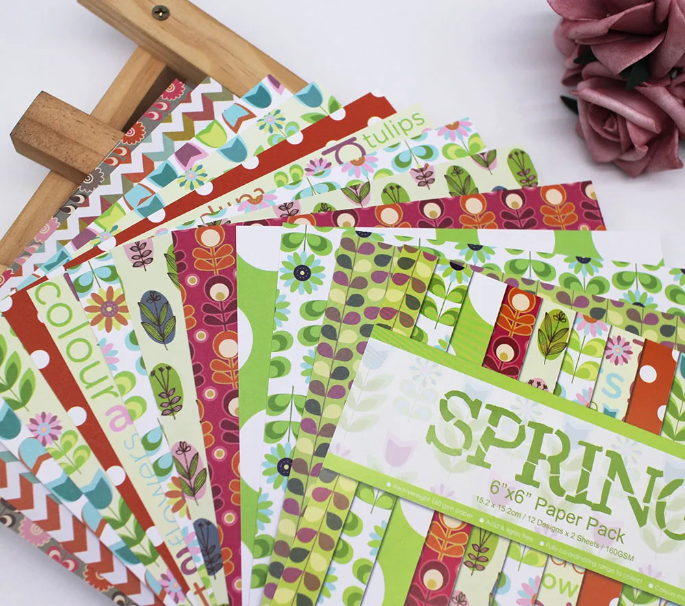 

12/24 sheet 6‘’ spring style single-patterned paper Scrapbooking paper pack for Decor handmade craft paper craft Background pad