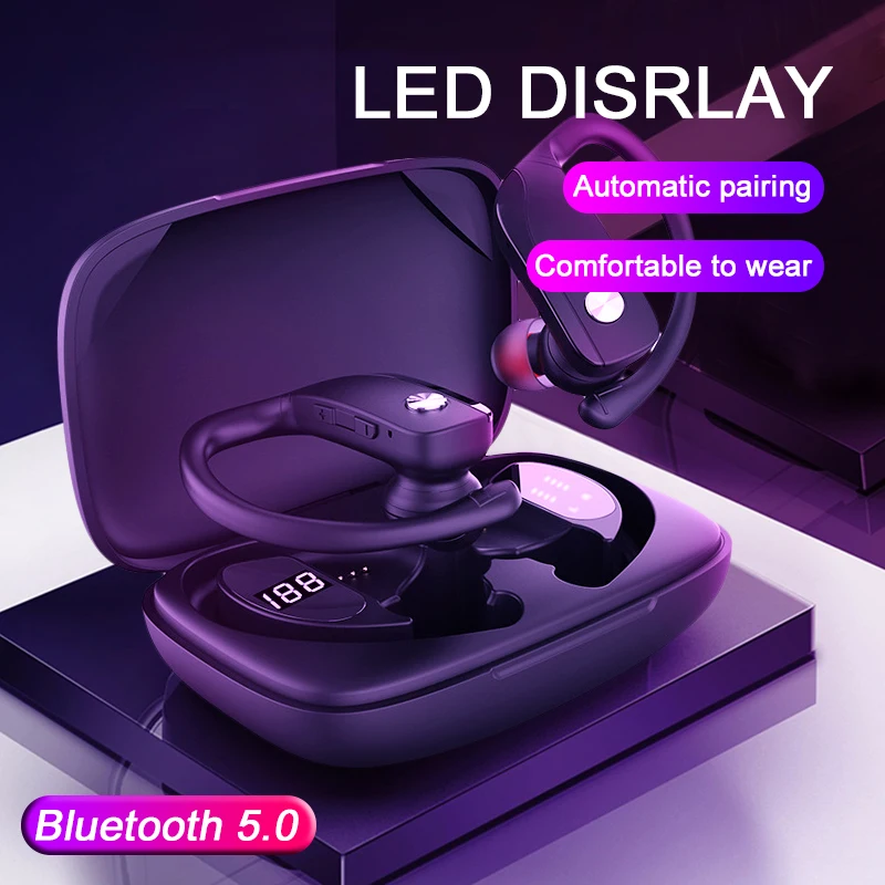 T16 Wireless Bluetooth 5 0 Headset LED Digital Display Ear Hanging IP67 Waterproof Sports Headphone With 2600mAH Charging Box