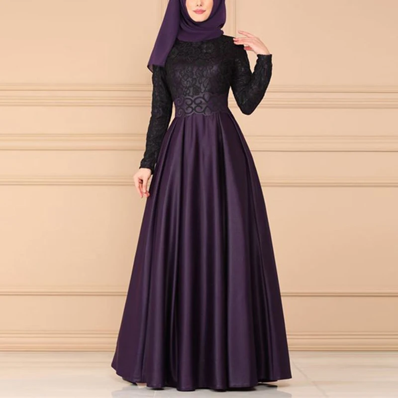 

Women Muslim dresses elegant lace patchwork Floral Maxi Dress Middle East Long Sleeve Large Swing ladies dresses