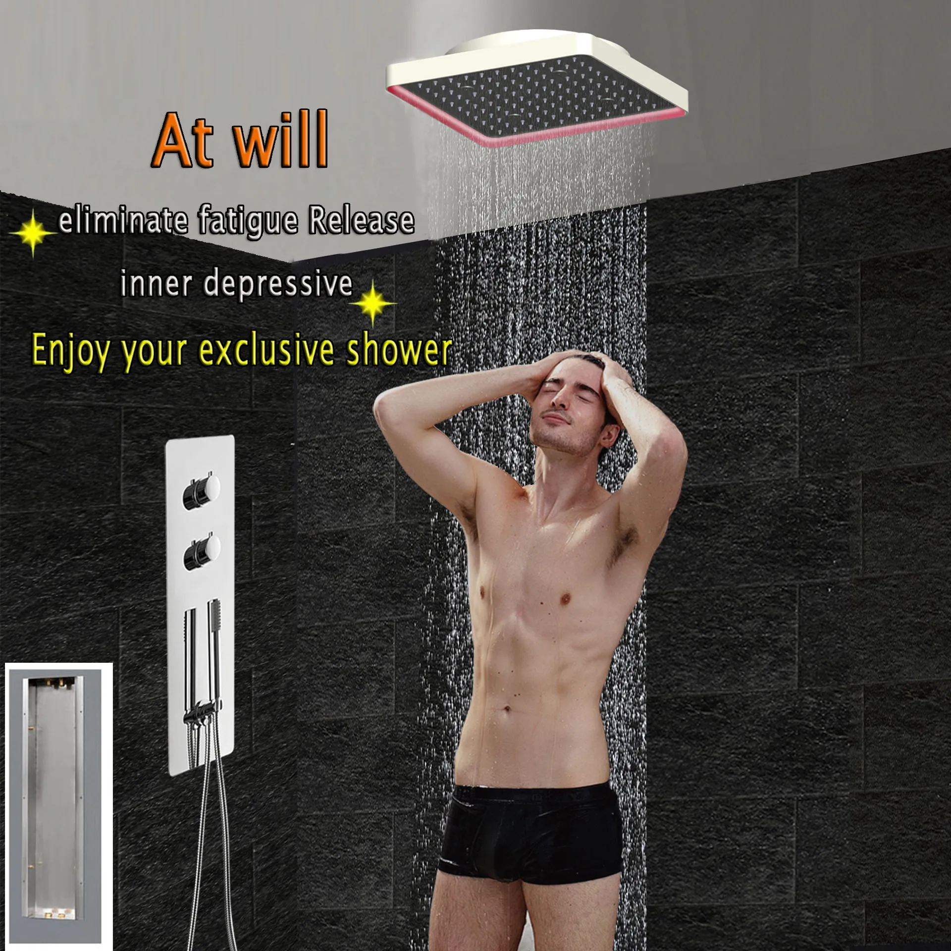 Bathroom Concealed Thermostatic Shower Set Panel Mixer Faucet LED Ceiling Shower Head 300x300 Rain Mist BF5282 Bathroom Concealed Thermostatic Shower Set Panel Mixer Faucet LED Ceiling Shower Head 300x300 Rain Mist BF5282