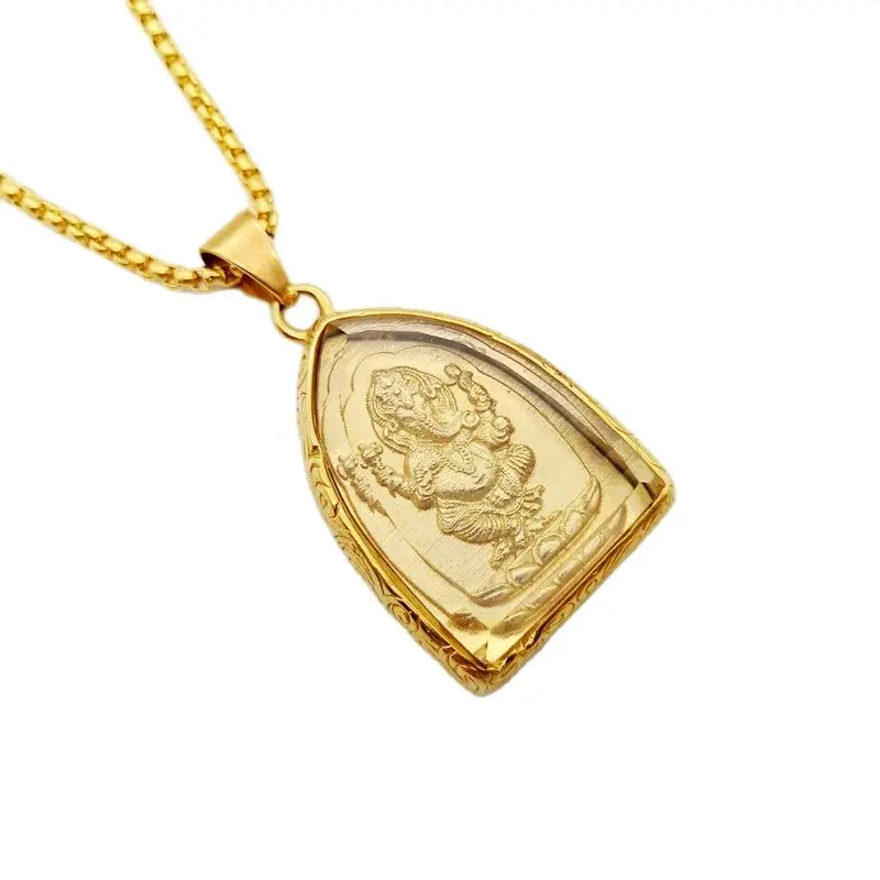 

Gold Color Stainless steel Ganesha pendant necklace Glass cover Buddha Elephant God Ganesha necklace men women jewelry gift