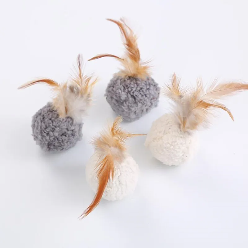 4pcs Pet Dog Cat Plush Ball Toy Feathered Elastic Rope Ball Combination Teaser with Feather Kitten Puppy Love to Play