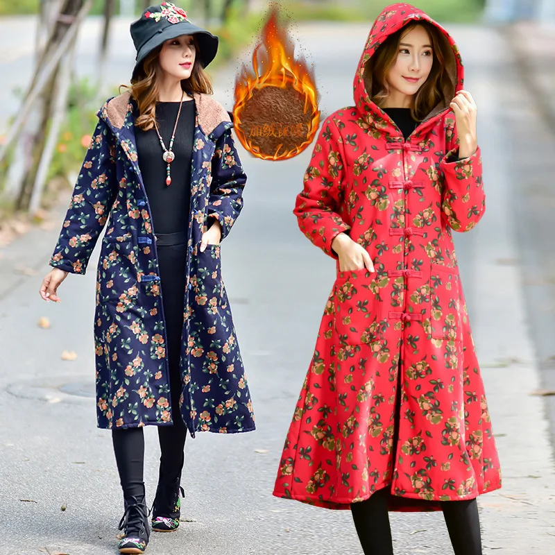 

2019 Winter New Style Printed Frog Cotton Linen Brushed And Thick Hooded Ethnic-Style Large Size Long Trench Coat Women's