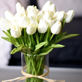 10Pcs Tulip Artificial Flower White PU Real Touch for Home...
