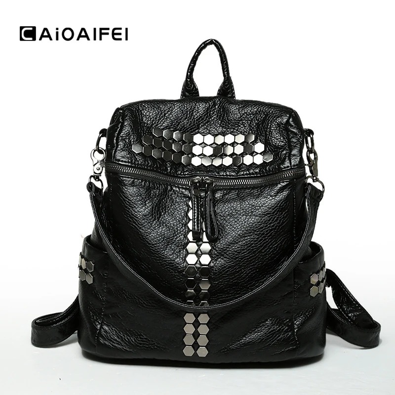 

CAIOAIFEI vintage soft washed PU leather women backpack rivet thread female travel casual rucksack student school backpack black