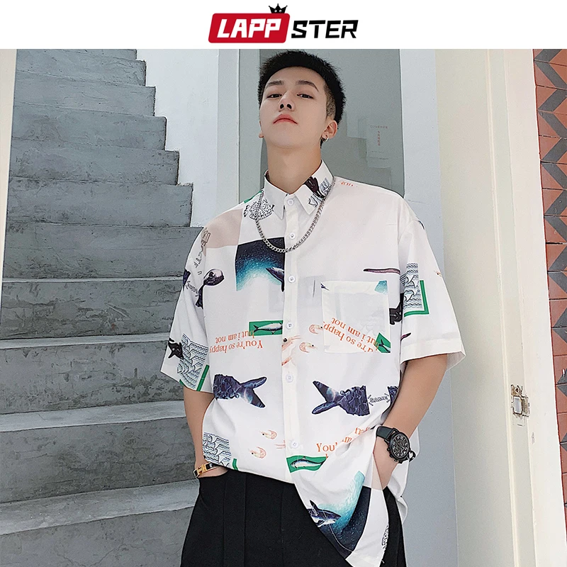 

Summer White Fish Hawaiian Shirt Men 2019 Mens Short Sleeve Casual Shirt Male Button Up Korean Vintage Shirt Korean XL
