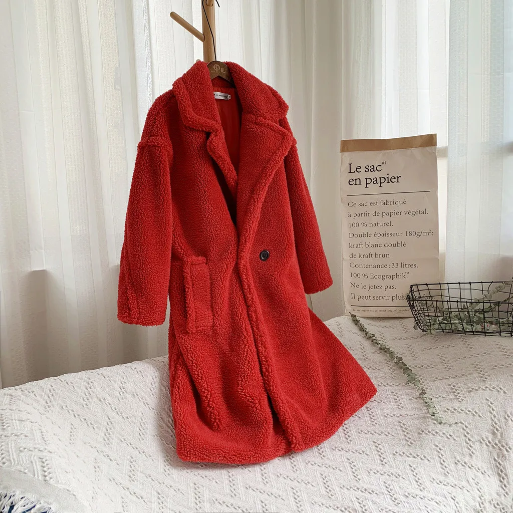 Шуба из искусственного меха для женщин, модная осенняя и зимняя свободная ветровка средней длины из овечьей шерсти, шуба из искусственного меха, меховая куртка - Цвет: Красный