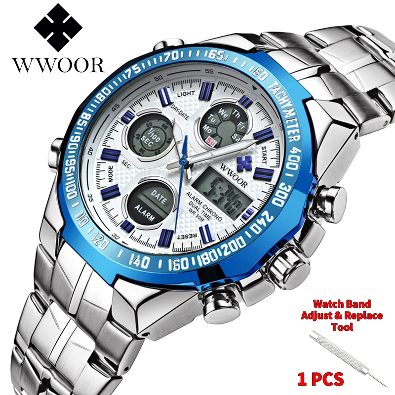 WWOOR Sport Brand Luxury Men Watch Full Steel Waterproof Military Army LED Big Dial Wrist Watches For Men Relogio Masculino 2022 