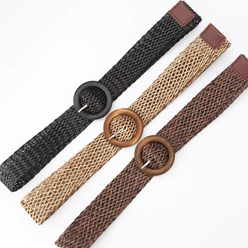 

Vintage Boho Braided Waist Belt Summer Solid Female Belt Round Wooden Smooth Buckle Fake Straw Wide Belts For Women Hot Sale