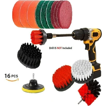 

16x Drill Brush Set, Extend Long Attachment Scrub Pads Sponge Power Kit Supplies