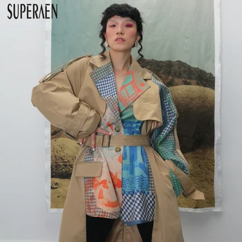 

SuperAen Europe Print Trench Coat for Women Autumn New 2019 Wild Cotton Ladies Windbreaker Long Sleeve Fashion Women Clothing