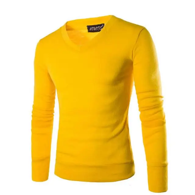 Свитер с v-образным вырезом, Стильный вязаный мужской свитер с длинным рукавом, мужские однотонные свитера, пуловер, 7 цветов - Цвет: Цвет: желтый