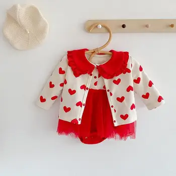 

Autumn Winter Heart Print Baby Girl Clothes Set Cotton Cardigan Tops And Baby Bodysuit With Mesh Skirt 2pcs Baby Girls Outfits