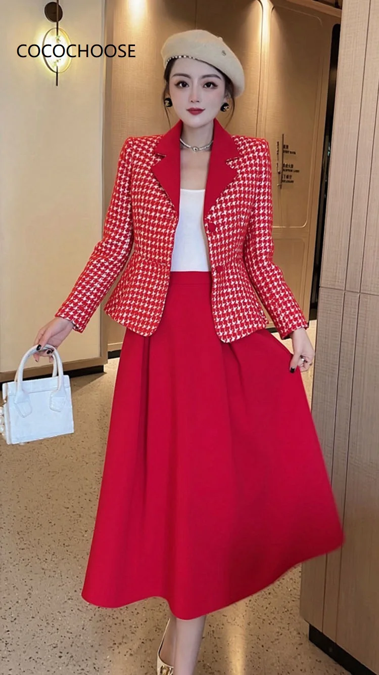 初 売り 女性のドレスセット22春秋高品質のオフィス2ピース衣装ファッションツイードジャケット冬スーツmidiスカート赤 高く 売れる Ongoing Southloopmarket Com