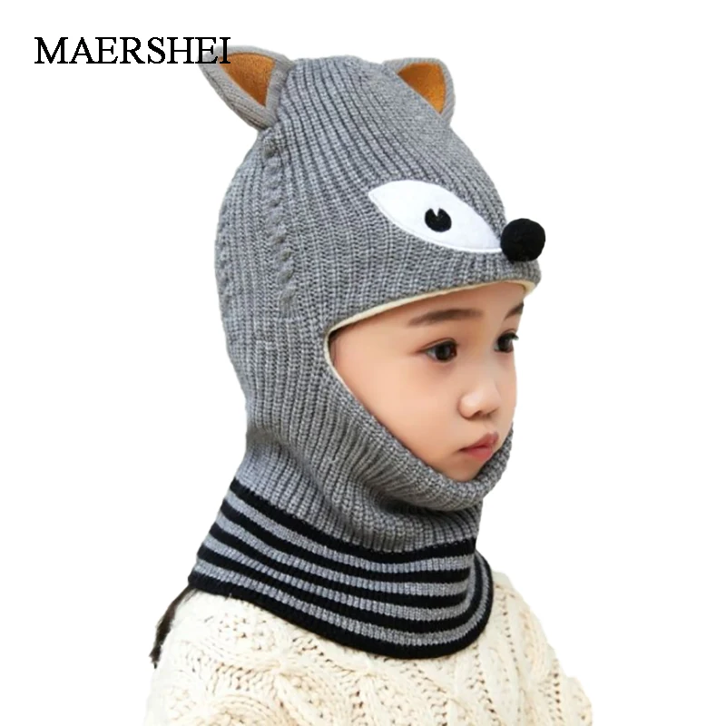 

Children Hats Kids Beanies Cap Autumn Winter Girls Boys Warm Wool Hooded Hat Baby Fox Siamese Caps