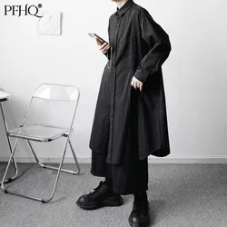 Pfhq 2021 nova moda masculina cor sólida solto japonês desconstruído neutro assimétrico fenda camisa primavera e outono 21e4226