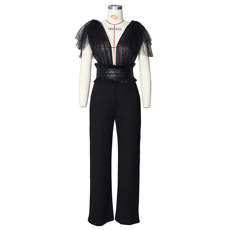 Adogirl Sheer Mesh Bow Fashion Jumpsuit with PU Leather Waistcoat Sexy V Neck Sleeveless Romper Wide Leg Pants Women Overalls Adogirl Sheer Mesh Bow Fashion Jumpsuit with PU Leather Waistcoat Sexy V Neck Sleeveless Romper Wide Leg Pants Women Overalls