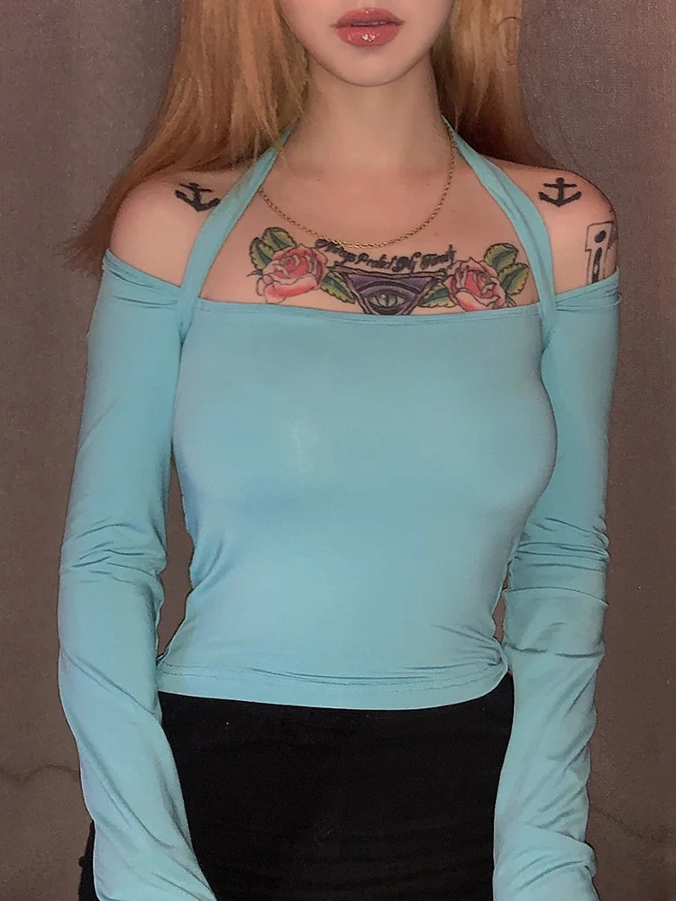 Синий Nibber Сексуальный Бандаж голые плечи полые Топы женские T-shirt2019autumn зима Harajuku длинный рукав стрейч тонкая безрукавка рубашки - Цвет: Синий