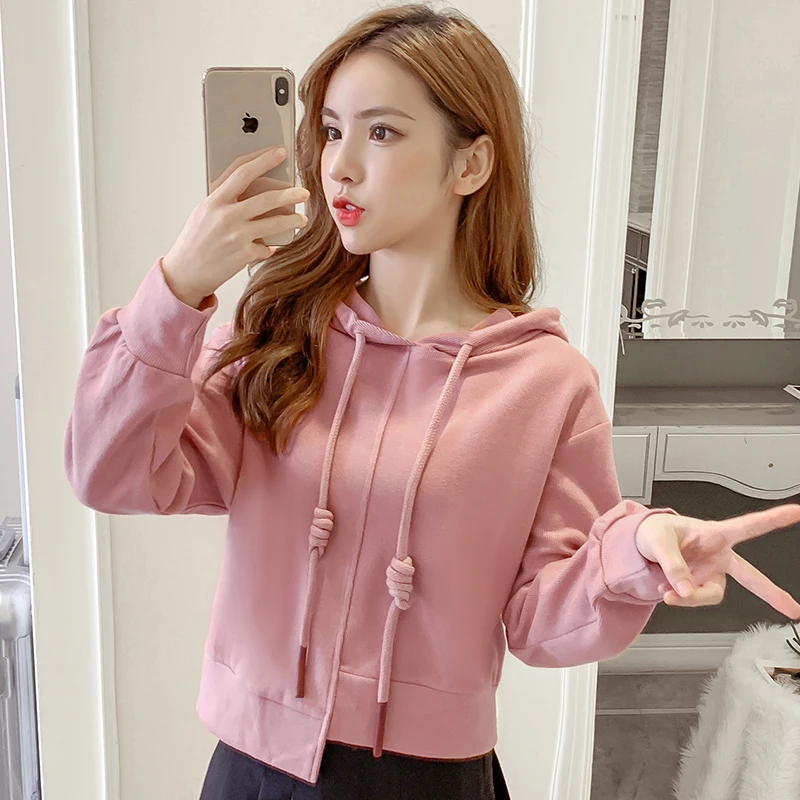 

Autumn Woman Crop Sweatshirt Korean Edition Long Sleeve Hooded Drawstring Irregular Hoodies Pullover Harajuku Casual Streetwear