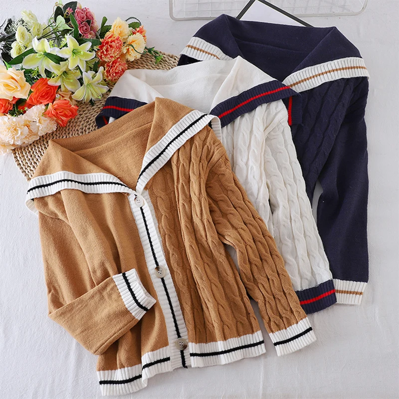 

2020 Autumn Crew Collar Sweater Cardigan Women Single Breasted Loose Knit Cardigans College Style Knitted Short Coat Outwear