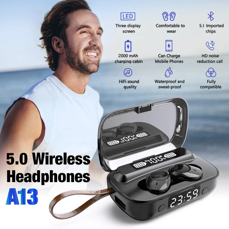TWS Bluetooth Headset Wireless HD English Customized LED Digital Display Bluetooth 5 0 Mini Sport Earplugs with Lighting