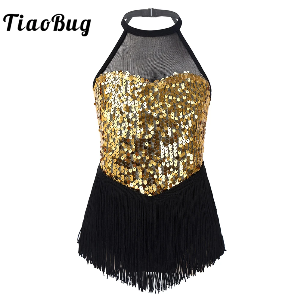 TiaoBug Kids Girls Shiny Sequins Fringed Sleeveless Gymnastics Leotard Dress Skating Stage Performance Latin Jazz Dance Costume |