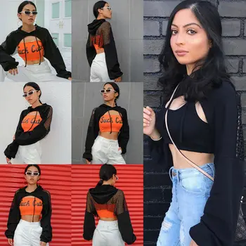 

Womens Cut Front Blouse Mesh Fish Net Sweatshirt Crop Jumper Sexy Hooded Tops