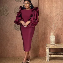 

Women's Dress Spring Round Neck, Wooden Ears, Lantern Sleeves, High Waist, Solid Color Banquet Service, Wine Red Party Dresses