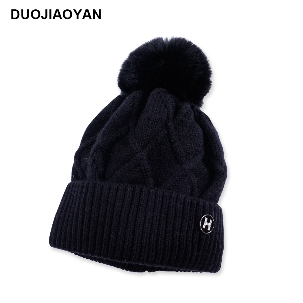 DUOJIAOYAN осенне-зимняя женская шерстяная шапка, теплая шапка с защитой ушей, одноцветная шапка, пуловер, головной убор, утолщенная плюшевая вязаная шапка