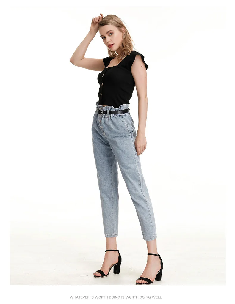 Jeans daily ruffled high waist loose fit casual pants straight-leg jeans casual loose high stretch large size baggy jeans
