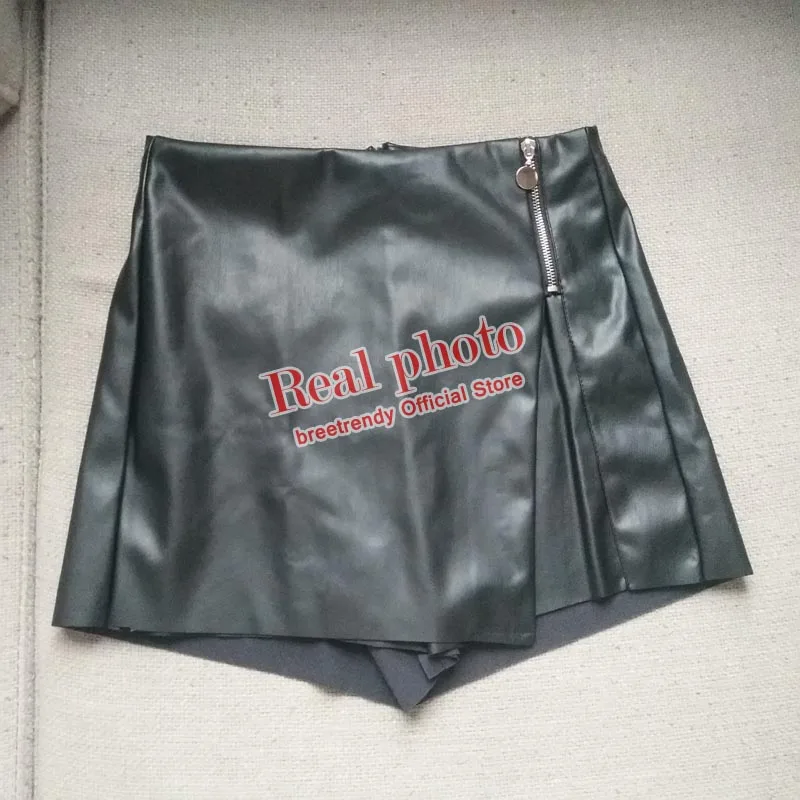 KZ141 осенние женские шорты черного цвета из искусственной кожи в европейском стиле