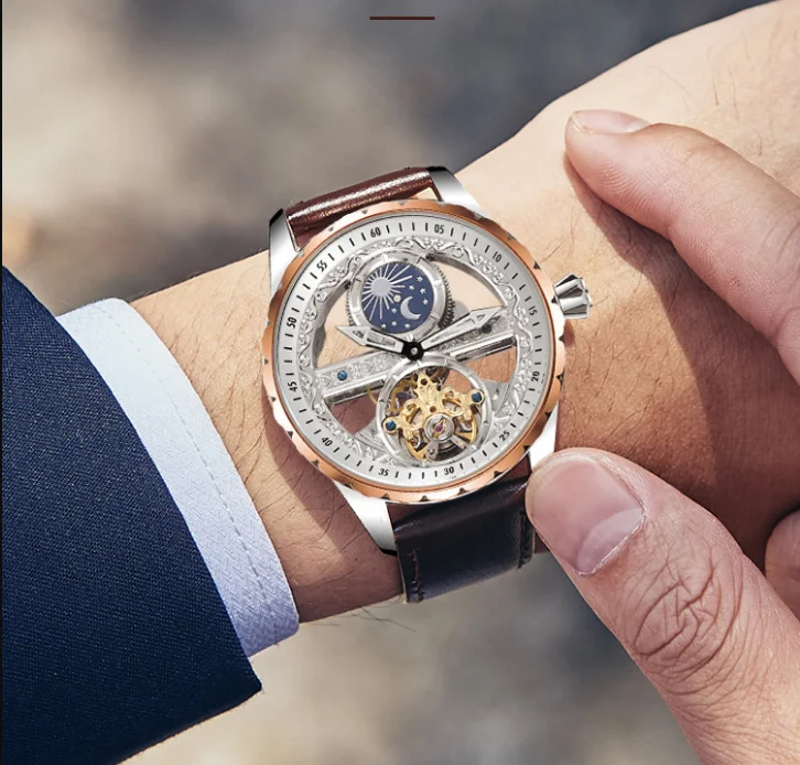 Полностью автоматический механизм полые мужские tourbillon из нержавеющей стали водонепроницаемые подарочные часы