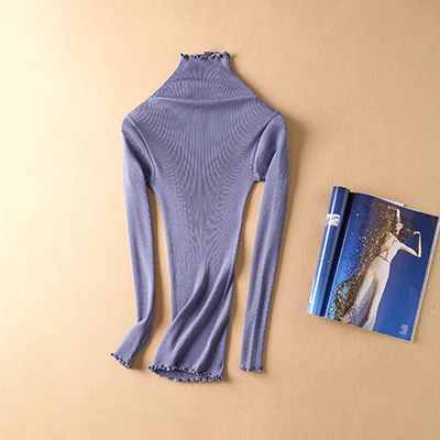 Sweater Women pullovers 80% Natural Silk 20% Cotton turtleneck Rib knits shirt long sleeved sweater Fall winter tops jumper - Цвет: grey blue