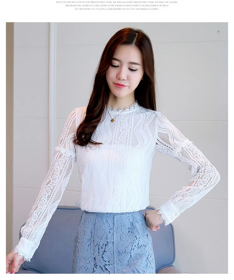 spring autumn Women Crochet Blouse Lace Chiffon Shirt White/Black Basic Shirt Ladies Stand Collar Ruffles Blusas Femininas